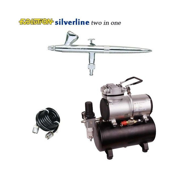 Pacchetto aerografo Silverline Evolution Two in One (0,2/0,4 mm) + compressore RM 3500+